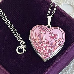 Vintage Pink Enamel Floral Locket on Sterling Silver Chain - Michaela Frey Heart Necklace w/ 2 Photo Wells - Estate Jewelry Retro Ca 1980s