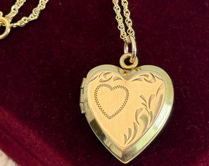 Vintage Gold Filled Heart Locket Necklace, Etched Floral, 14K GF Chain