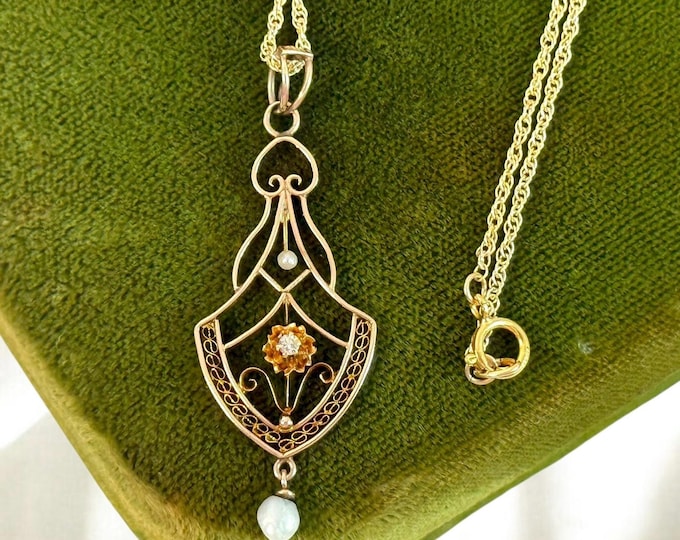 Edwardian 10K Gold Diamond Lavalier Pendant - Pearl Drop, 14K Gold Filled Chain