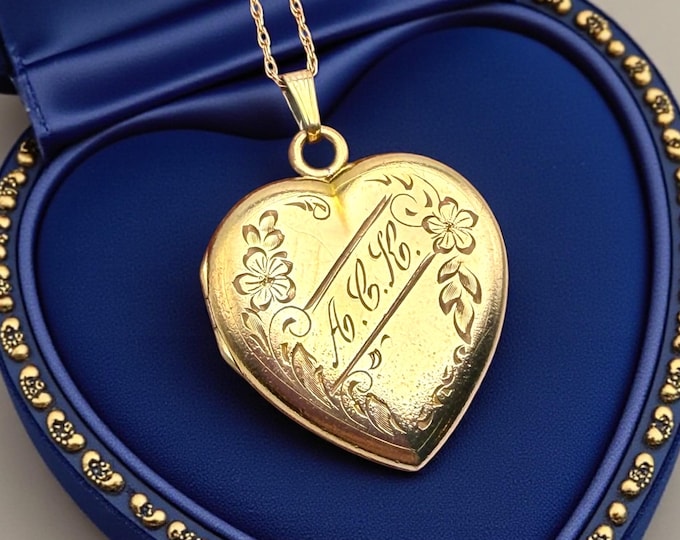 Vintage 12K Gold Filled Heart Locket Necklace: Etched Floral Monogram ACK Pendant
