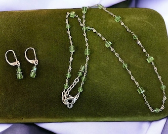 Vintage Sterling Silver Green Crystal Bead Necklace Earring Set
