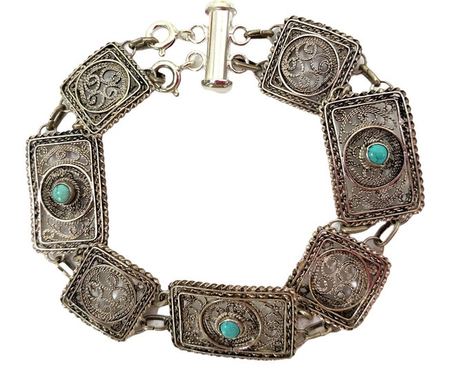 Antique Silver w/ Turquoise Cannetille Filigree Bracelet - Intricate Fine Rectangle & Square Links - 7" Long Bracelet Israel