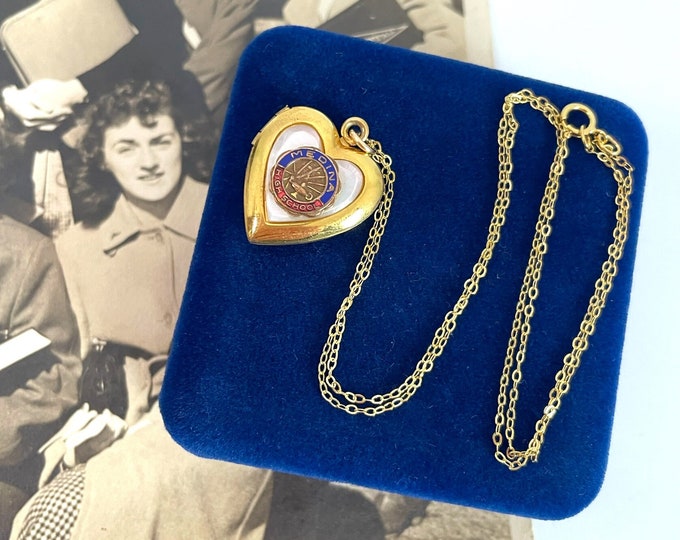 Vintage Gold Filled Heart Locket - Mother of Pearl Medina High School Insignia Engraved D '40 - 14K GF Chain 2 Photo Necklace Estate Jewelry