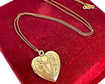 Vintage 12K GF Etched Heart Locket Necklace - Sweetheart Jewelry W&H 12K Gold Filled B.A.B. Chain Original Old Photos Pendant MCM 1950s