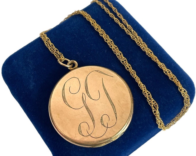 LARGE Round Gold Filled Locket - Vintage Monogrammed GT W&H Co Photo Locket Pendant 14K GF Chain - Edwardian Necklace 1900s Estate Jewelry