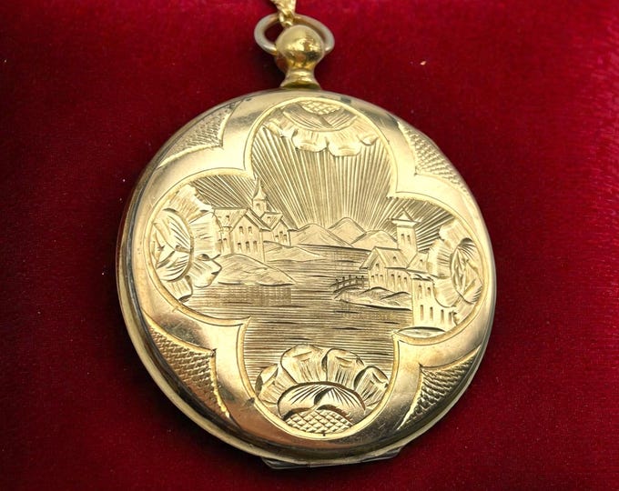 Antique Gold Plated Locket Necklace:  LARGE Locket Vintage Etched Victorian Watch Case Photo Pendant