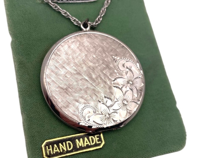 Vintage Sterling Silver Round Locket Etched Flower & Brushed Finish - New Old Stock - 925 Necklace Ca 1940s - 2 Photo JMF Fisher Company