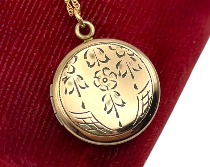 Vintage Gold Locket - Round 12K Gold Filled Round Necklace on 14K GF Chain - Etched Flower Floral Photo Charm Pendant Estate Jewelry Gift