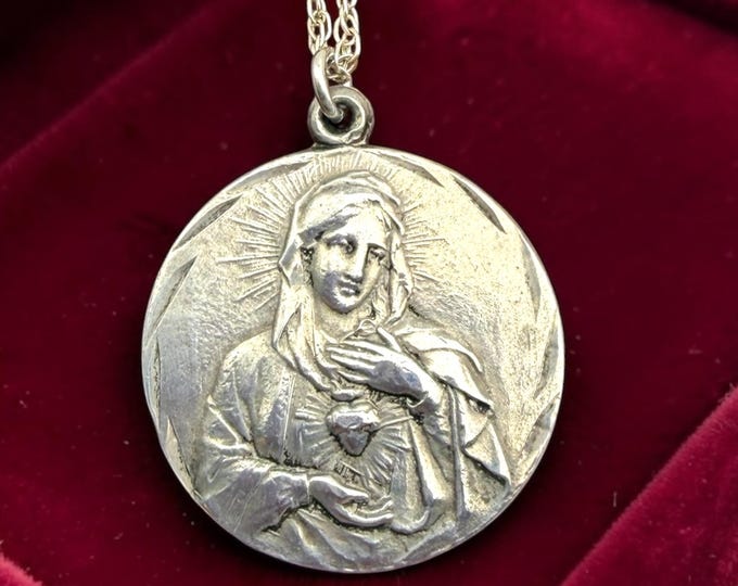 Vintage Sterling Silver Immaculate Mary Pendant – Sacred Heart Charm Necklace