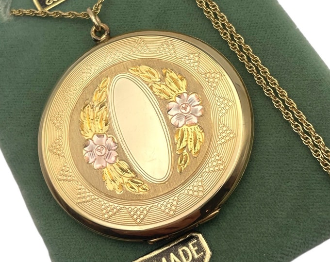 Vintage Gold Filled Large Round Locket - New Old Stock - Fisher 12K GF Flowers Necklace Pendant Ca 1940s Etched 2 Photo w/ JMF Co Hand Made