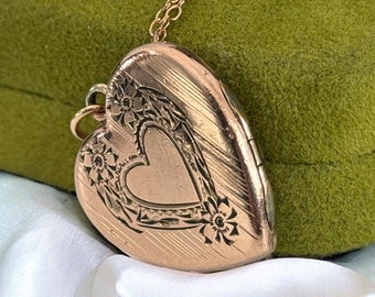 Vintage Rose Gold Filled Heart Locket on 14K Rose GF Chain w/ P&K Hallmark - Etched Floral / Heart Pendant Necklace - Estate Jewelry
