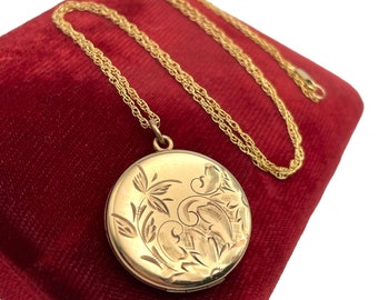 Antique Gold Filled Round Locket Necklace - RBM Little Beatrice Bee Article Etched Flower Floral - 2 Photo Pendant 14K GF Chain Early 1900s