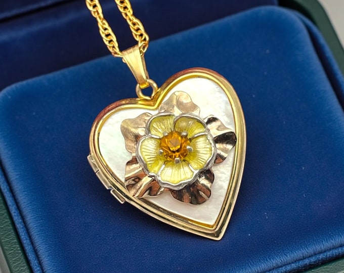 Vintage Gold Filled Heart Locket Necklace: Faux Mother of Pearl Enamel Flower