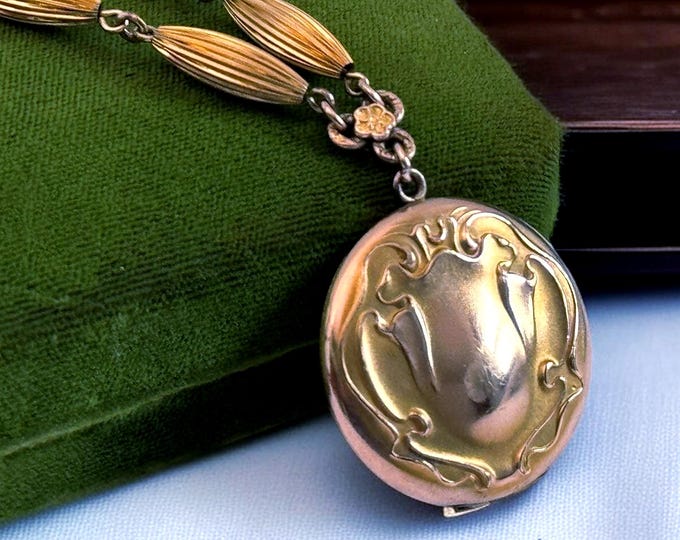 Antique Art Nouveau Gold Filled Repousse Round Locket w/ 2 Photo Wells on Mixed Metal Fluted Torpedo Bead & 14K GF Chain - “BBC o” Hallmark