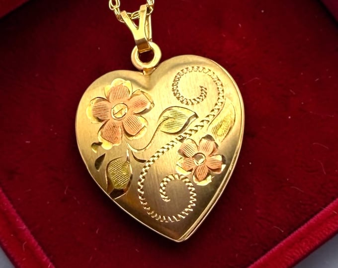 Vintage 14K Gold Filled Heart Locket Necklace – Etched Floral Photo Pendant