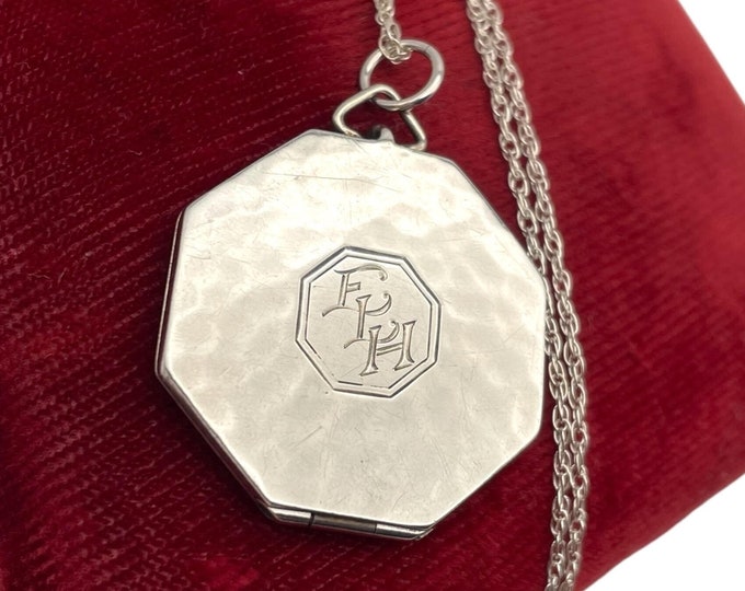 Vintage Monogramed ELH Sterling Silver 925 Art Deco Locket - Large Octagonal - 1920s Hammered Etched Statement Retro Era Photograph Jewelry