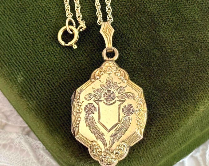 Vintage Shield Shaped Gold Filled Etched Repousse Flower Locket Pendant on 14K GF Chain