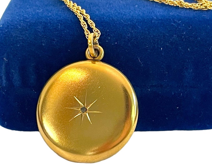Vintage Round Diamond Starburst Locket - Monogrammed JG - Art Nouveau Gold Filled Photo Necklace W&H CO Hallmark GF Pendant Jewelry 1900s