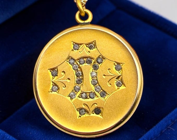 Antique Gold Filled Locket Necklace - Vintage Etched Design Paste Rhinestones, A&Z, Art Nouveau