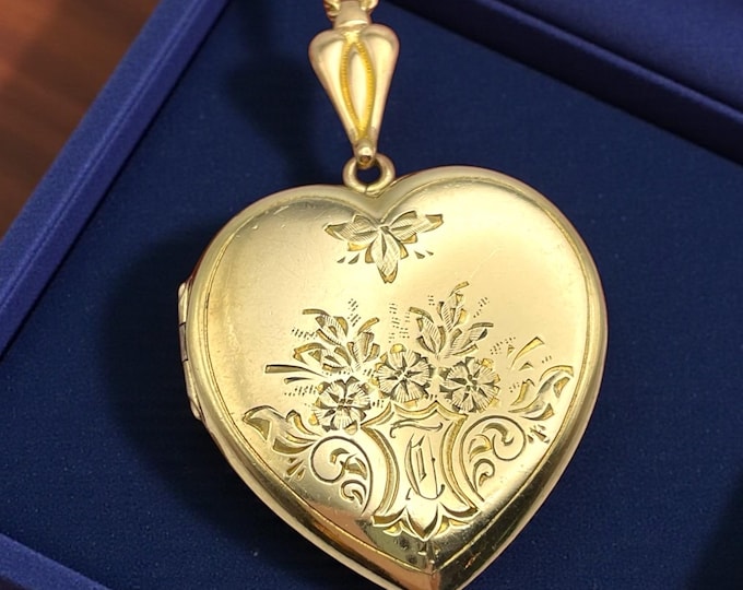 Large Antique Gold Filled Heart Locket Necklace: Vintage Floral Monogram