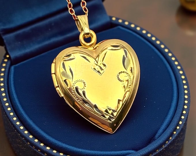 Vintage Gold Filled Heart Locket Necklace: Etched Floral Photo Pendant, 14K GF Chain