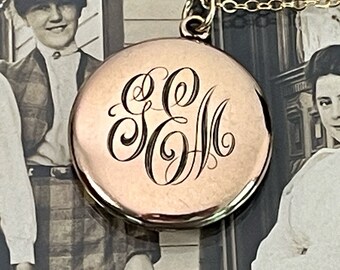 Antique Round Rose Gold Filled Locket w/ “GEM” Monogram -  W&H CO Hallmark - 2 Photo Pendant Necklace on 14K Gf Chain ca 1900 Estate Jewelry