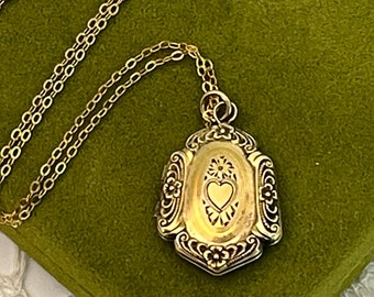 Vintage Gold Filled Locket Etched Shield Shape Pendant Necklace on 14K GF Chain - 2  Photo Wells Retro Estate Jewelry