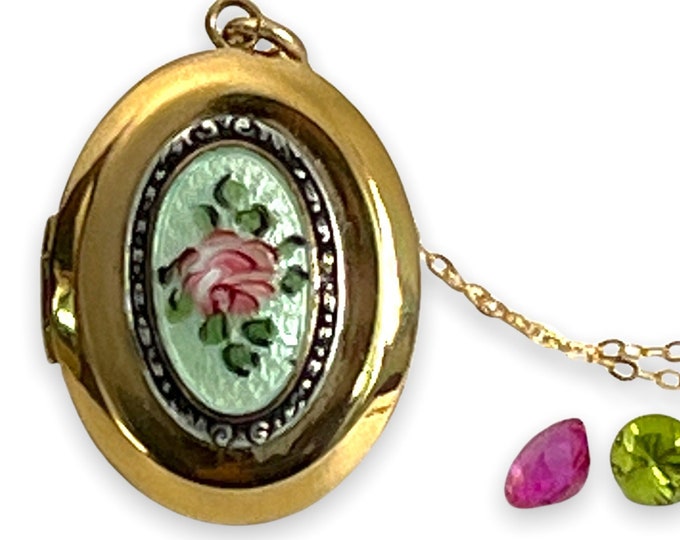 Vintage Guilloche 12K Gold Filled Locket Oval Pendant Necklace 14K GF Chain - Green White w/ Pink Rose in Ornate Silver Frame  2 Photo Wells