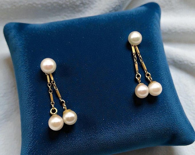 Vintage Gold Filled Pearl Earrings - Three Pearl Dangle and Drop Post Earrings