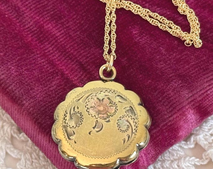 Vintage Round 12K Gold Filled Locket Scalloped Edge, Pink Flower, 14K GF 18” Chain, Etched LaMode