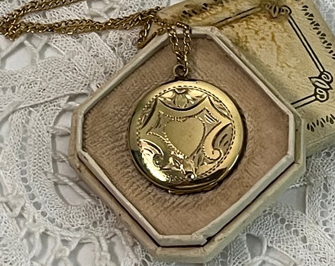 Vintage Round Gold Plated Etched Locket Pendant on 12K GF Curb Chain - Retro Estate Jewelry