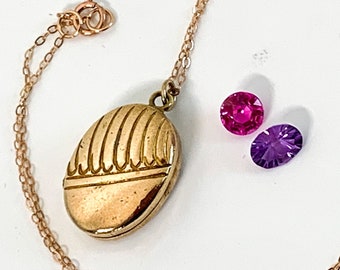 Antique Victorian Oval Mourning Locket w/ Embossed Line Design & 2 Photo Compartments - Vintage Pendant Necklace 15" Rose Gold Filled Chain