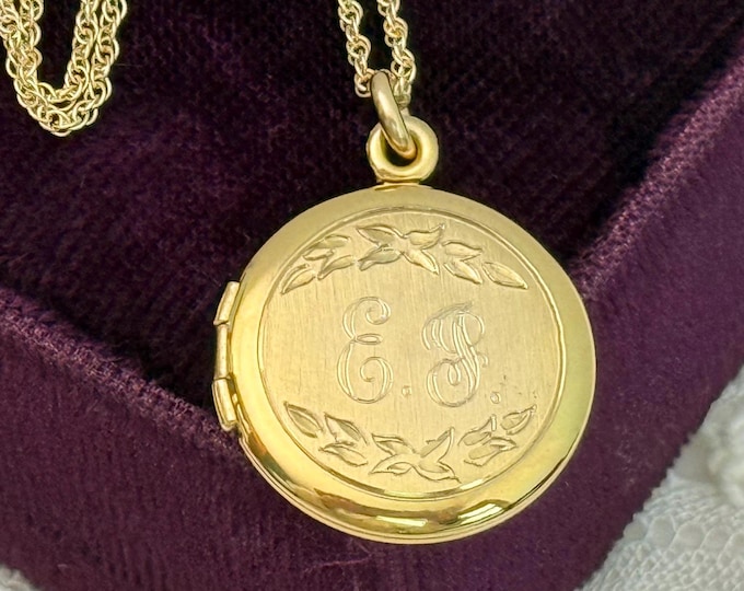Vintage 12K Gold Filled Locket Necklace: Monogram PE/PG Pendant, 14K GF Chain
