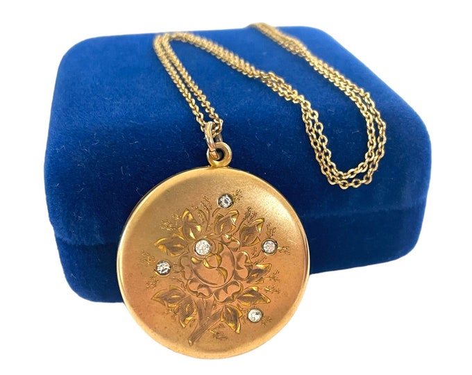 Antique Gold Filled Round Locket Necklace - RBM Little Beatrice Bee Atrice Etched Flower Floral Paste Stones 2 Photo Estate Jewelry 1900s