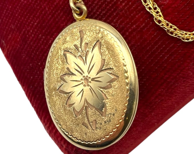 LARGE Gold Filled Etched Oval Locket - Vintage Marathon Hallmark Photo Pendant Necklace 14K GF Chain Floral Flower Design 1960s/1970s Gift