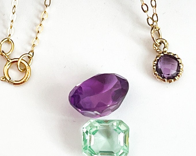 Vintage 14K Gold & Amethyst Pendant on 14K Gold Filled Chain - Petite Necklace w/ Tiny Round Double Rose Cut Purple Gemstone  Estate Jewelry