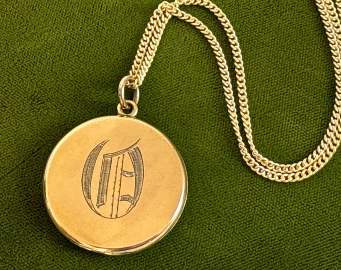 Antique Gold Filled Etched Locket Necklace 14K GF Chain W&H Hallmark - Large Round Initialed w/ 2 Photo Wells Estate Jewelry ca Early 1900s