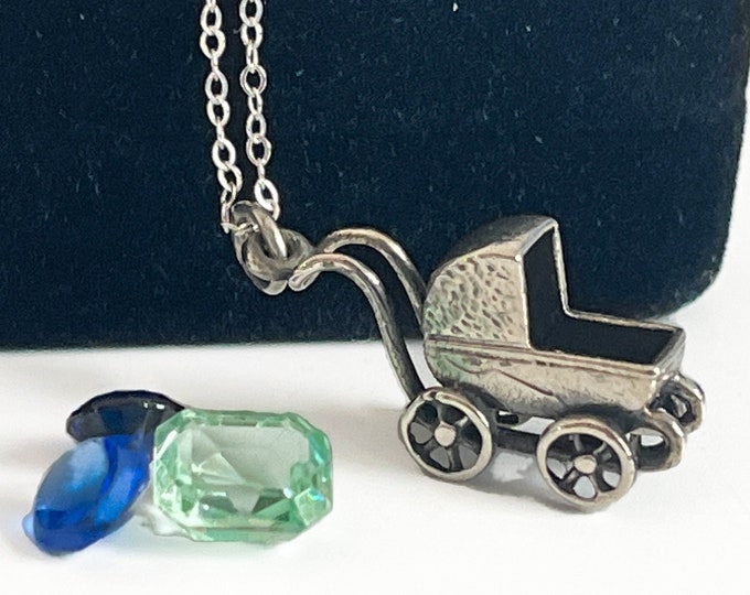 Vintage Baby Buggy Charm Necklace: Sterling Silver Pram Pendant, 18" Chain