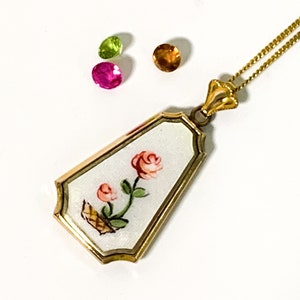 Vintage 10K Gold Filled Guilloche Pendant Necklace - Long Unique White Enamel Pink Rose w/ Stem Pendant on 12K GF Chain - Retro Era Necklace