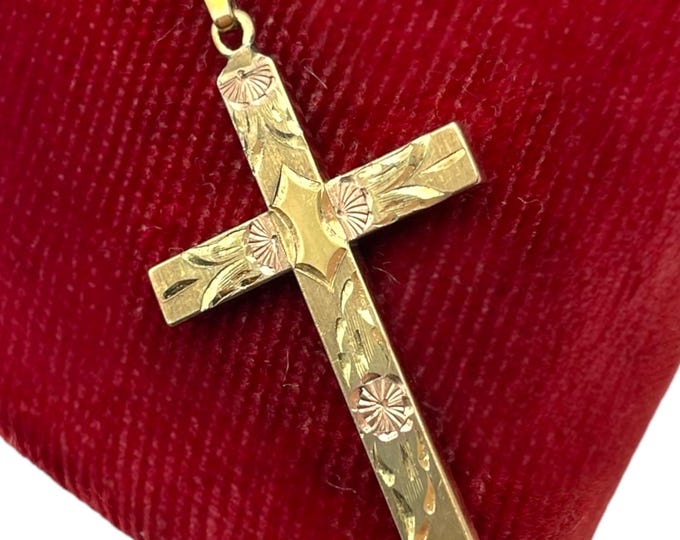 Vintage Gold Filled Etched Cross - HFB Hallmark Pink Flowers 14K GF Chain 1950s Retro Religious Christian Pendant Necklace Jewelry Gift
