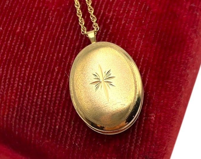 Vintage 14K Gold Filled Locket Necklace – Etched Starburst Oval