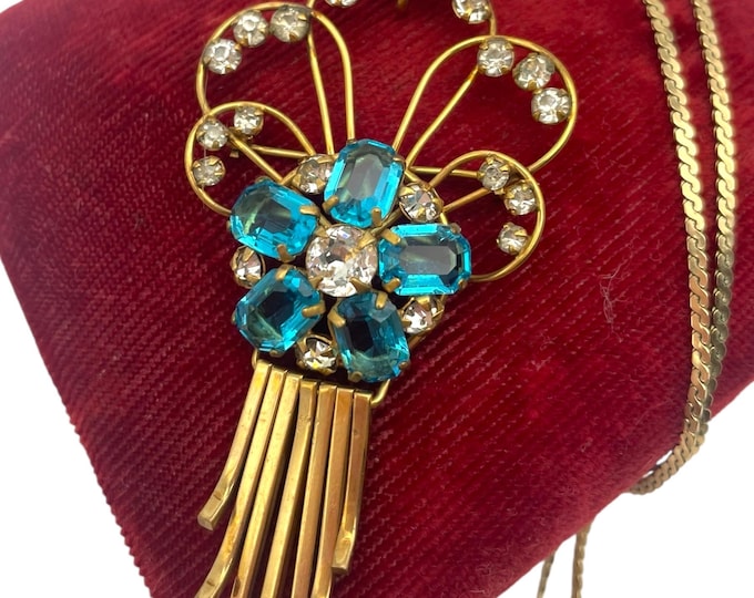 Vintage M&S 12K Gold Filled Rhinestone Converter Brooch - Pin Necklace with Chain Clear Turquoise Blue Colored Necklace Mid Century Retro