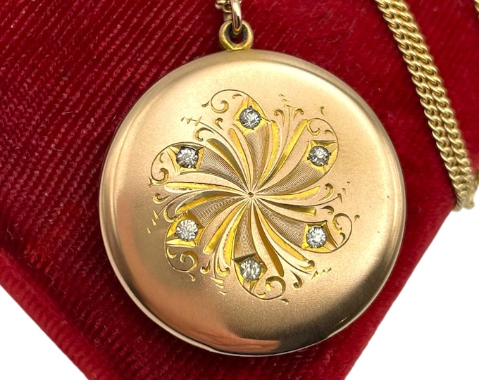 Antique Gold Filled Locket Necklace: Etched Floral, "Little Beatrice" Bee, Art Nouveau