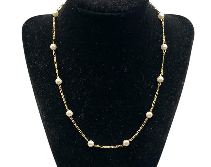 Vintage 14K Gold Filled Pearl Necklace - Feminine Minimal Layering 17.5 inch Spaced Pearl Figaro Chain Elegant Wedding Jewelry Gift for Her