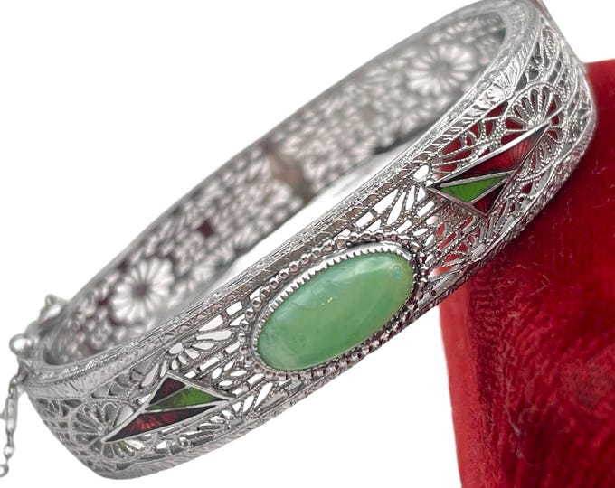 Art Deco Style Rhodium Plated Filigree Hinged Bangle - Bracelet with Green and Red Stones 6.75", Vintage Jewelry Gift for Her