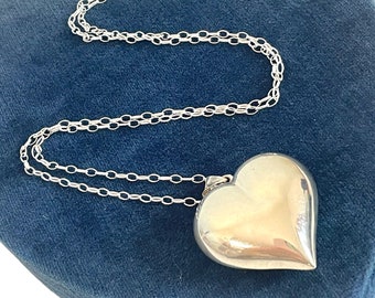 Vintage Sterling Silver Puff Heart Necklace 925 on 24 inch Rolo Chain - Puffy Heart Love Sweetheart Retro Pendant Jewelry 1970s Large Heart