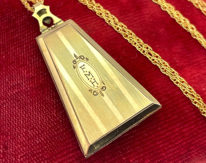 Vintage Gold Filled Art Deco Locket - FMH Monogram Etched Pinstripes Shield Pendant Necklace 14K GF Chain - Monogrammed Photo Estate Jewelry