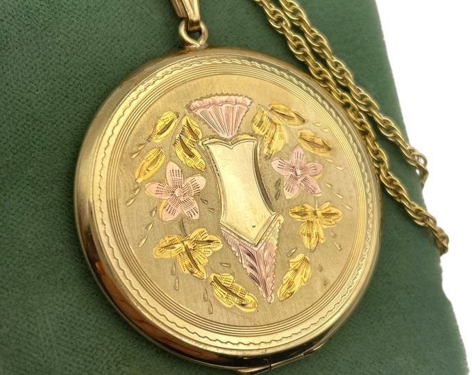 Vintage Gold Filled Large Round Locket - New Old Stock - Fisher 12K GF Flowers Necklace Pendant Ca 1940s Etched 2 Photo w/ JMF Co Hand Made