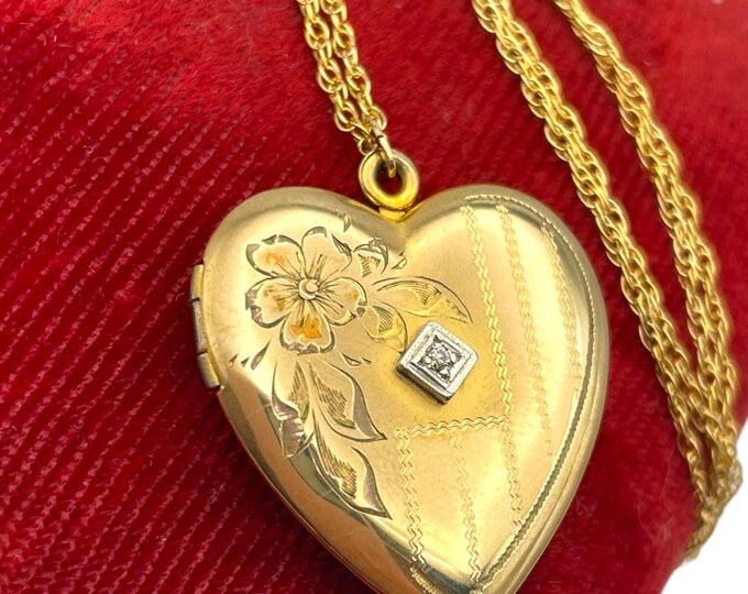 Vintage 12K Gold Filled Etched Heart w/ Diamond Chip Locket Necklace - Florals & Diamond Chip - 2 Photo Compartments Retro Pendant Necklace