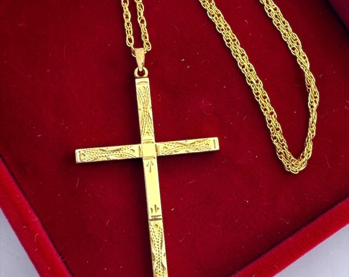 Vintage Etched 12K Gold Filled Cross Pendant Necklace – Statement Religious Jewelry